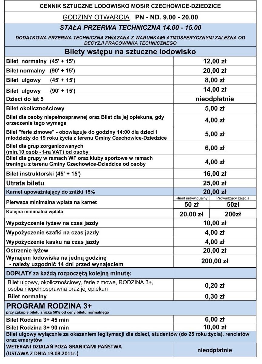 Cennik korzystania z lodowiska