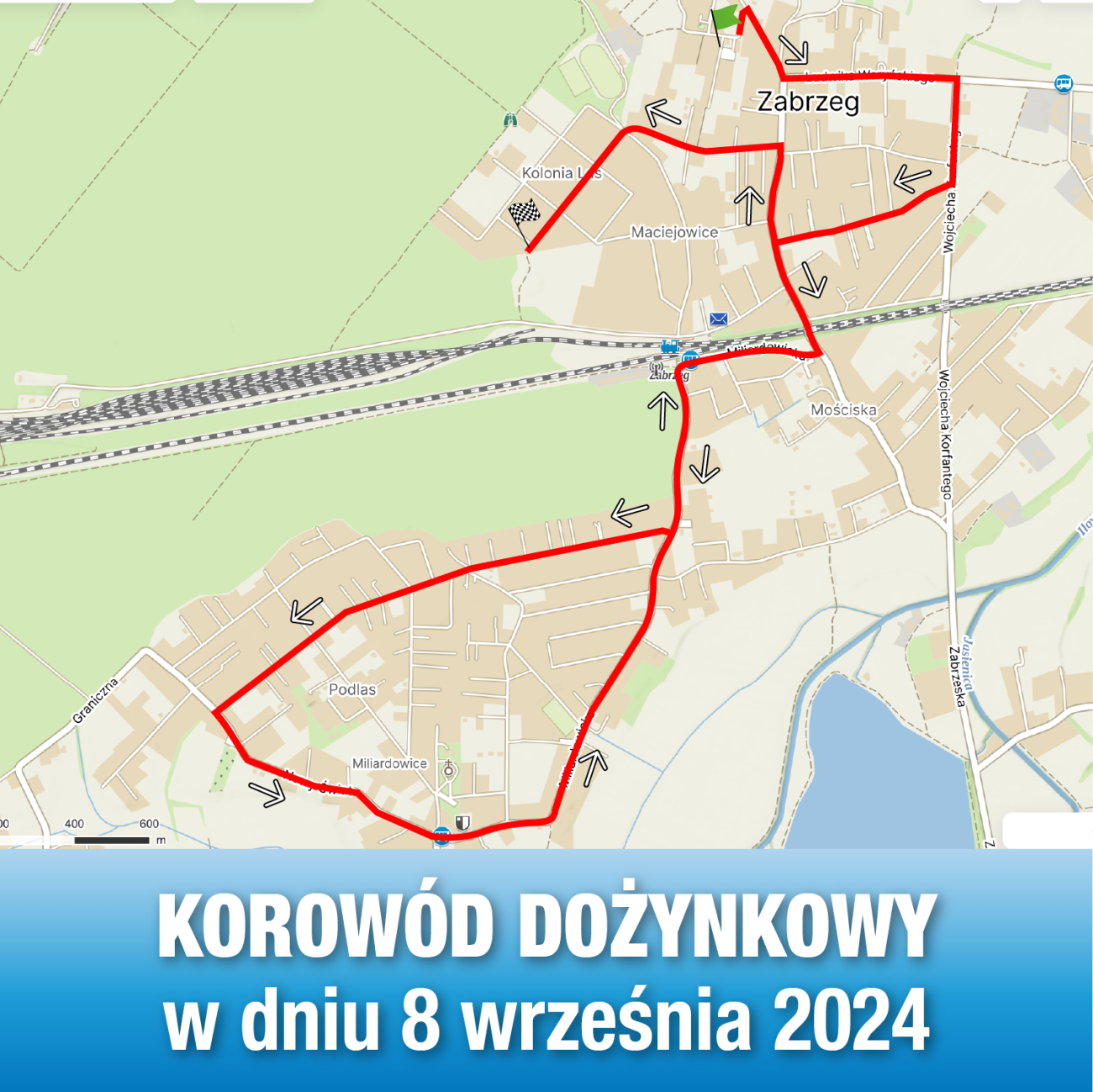 mapa przejazdu korowodu dożynkowego ulicami Zabrzega