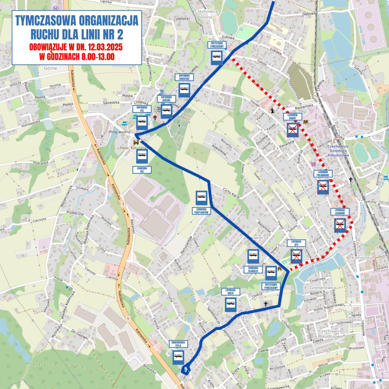 mapa przedstawiająca tymczasową organizację ruchu linii nr 2