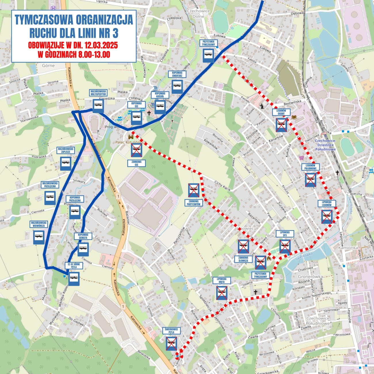 mapa przedstawiająca tymczasową organizację ruchu linii nr 3