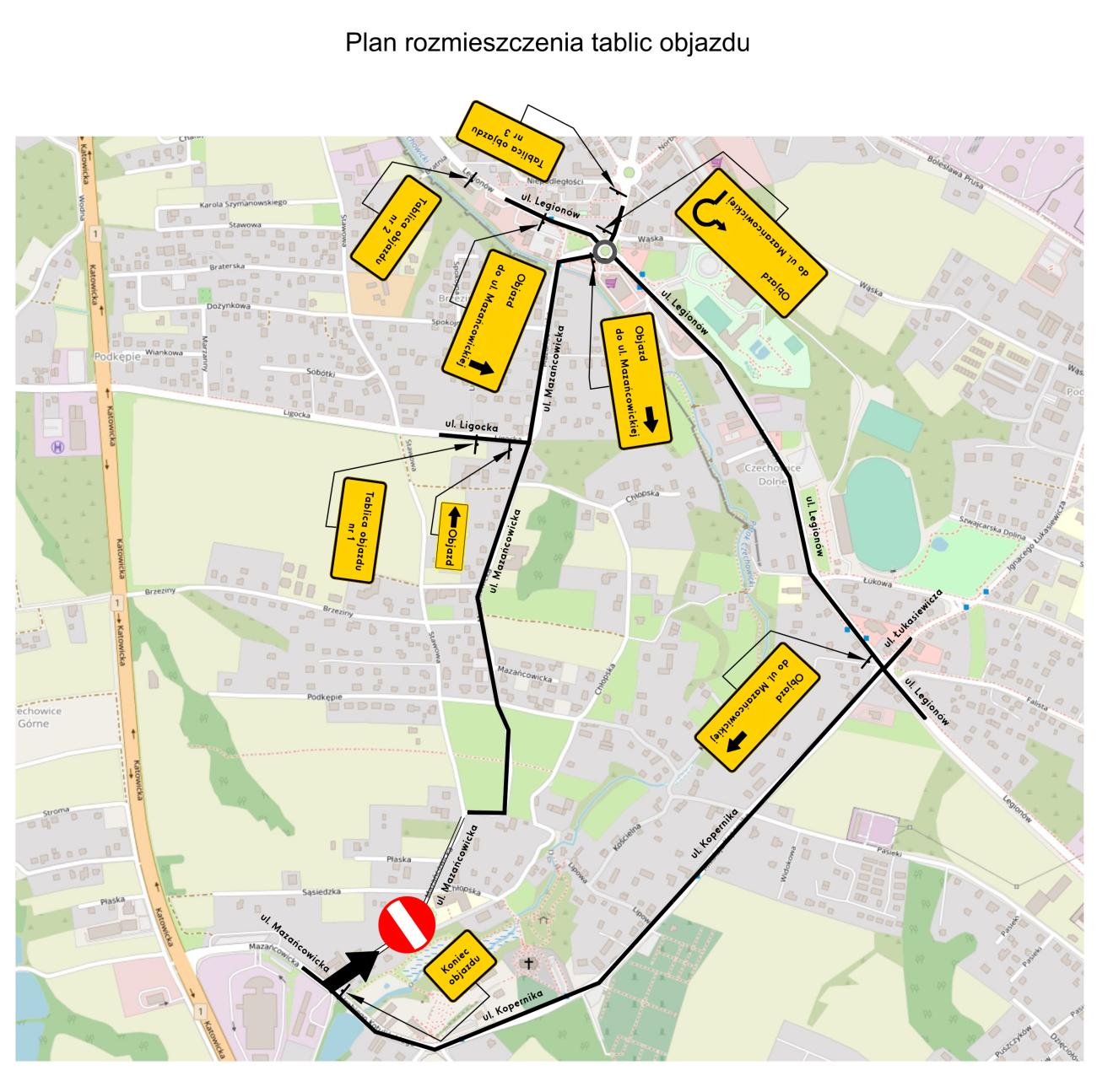 mapa przedstawiająca objazdy na ulicy Mazańcowickiej