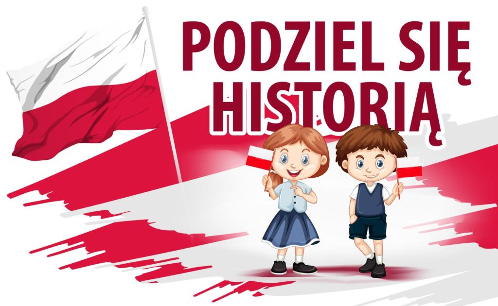 Grafika promująca konkurs - dwoje dzieci z biało-czerowną flagą