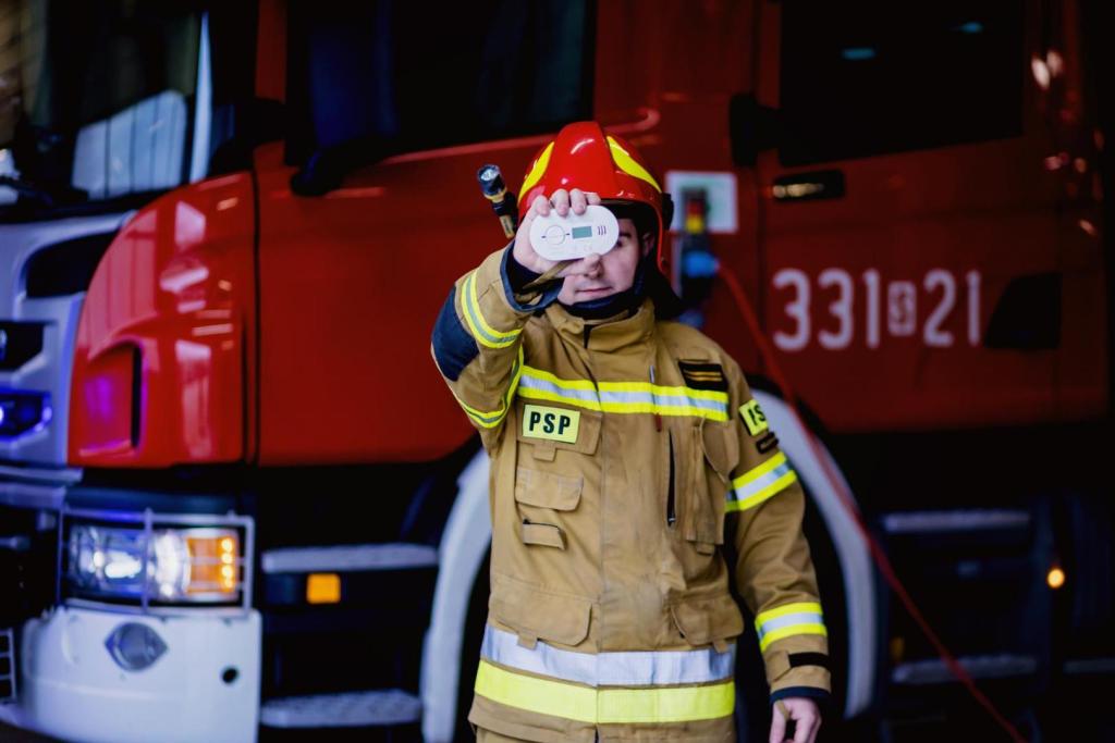 Strażak trzyma czujnik tlenku węgla