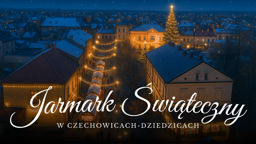 grafika przedstawiająca ulicę Słowackiego z napisem Jarmark Świąteczny w Czechowicach-Dziedzicach