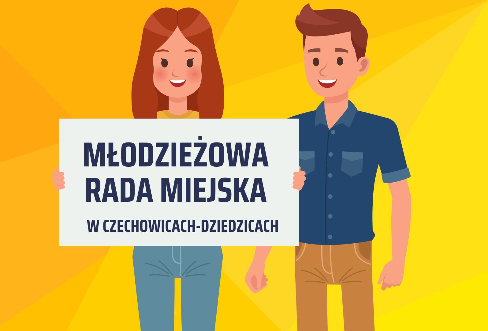 grafika przedstawiająca parę prezentującą napis Młodzieżowa Rada Miejska w Czechowicach-Dziedzicach