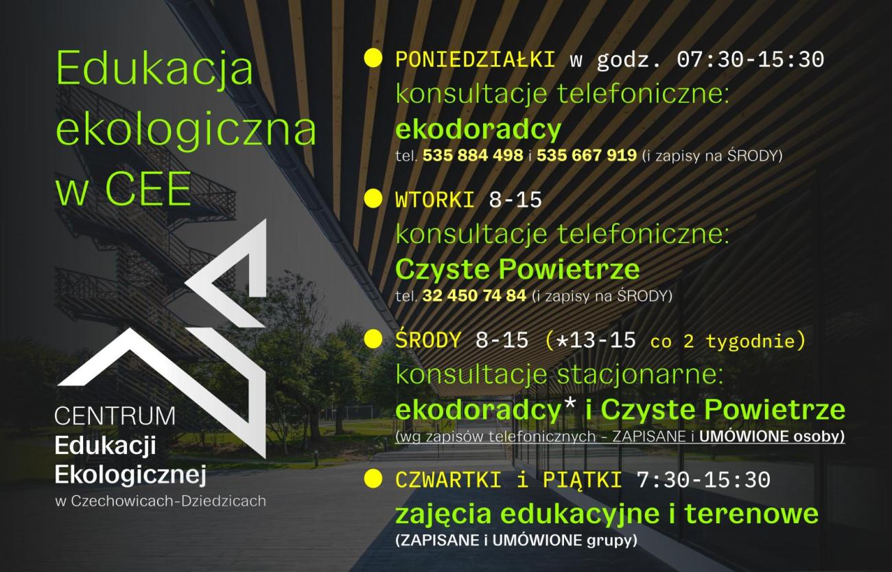 na czarnym tle informacja z centrum edukacji ekologicznej o konsultacjach telefonicznych i stacjonarnych oraz zajęciach edukacyjnych, w podlewie wieża znajdująca się na terenie CEE