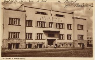 Urząd Gminy w Czechowicach, nowy budynek na Lesisku, pocztówka sprzed II wojny światowej.