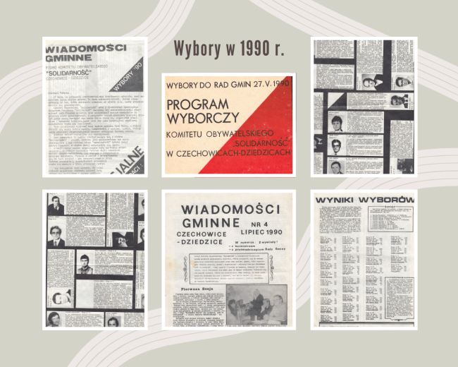 Kolaż materiałów historycznych z wyborów w 1990 r.